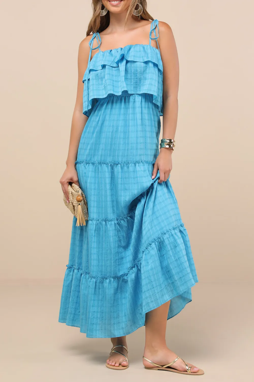 Casual Style  Ivory Textured Tie-Strap Tiered Maxi Dress