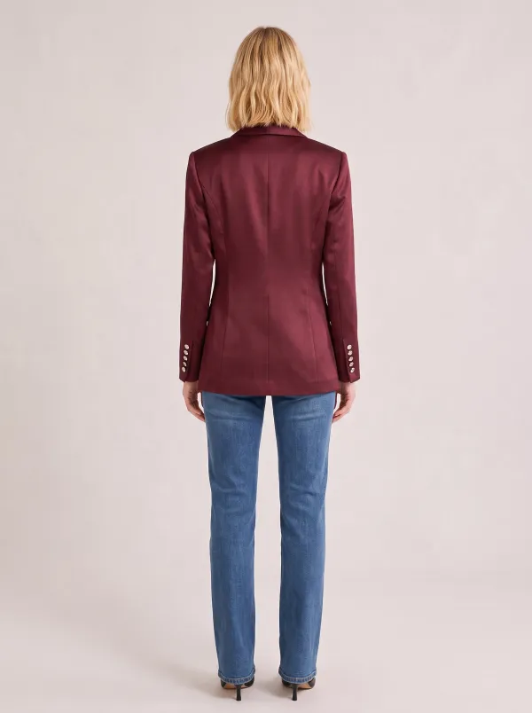 Women's Burgundy Satin Shawl Collar Single Button Blazer