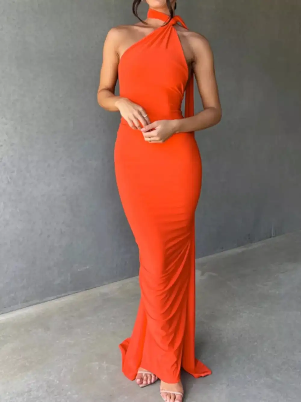 Backless One Shoulder Ruched Bodycon Maxi Dress