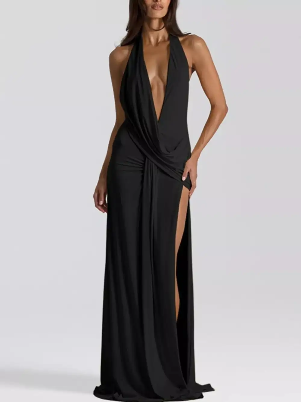 Classic Ruched Halter Maxi Dress