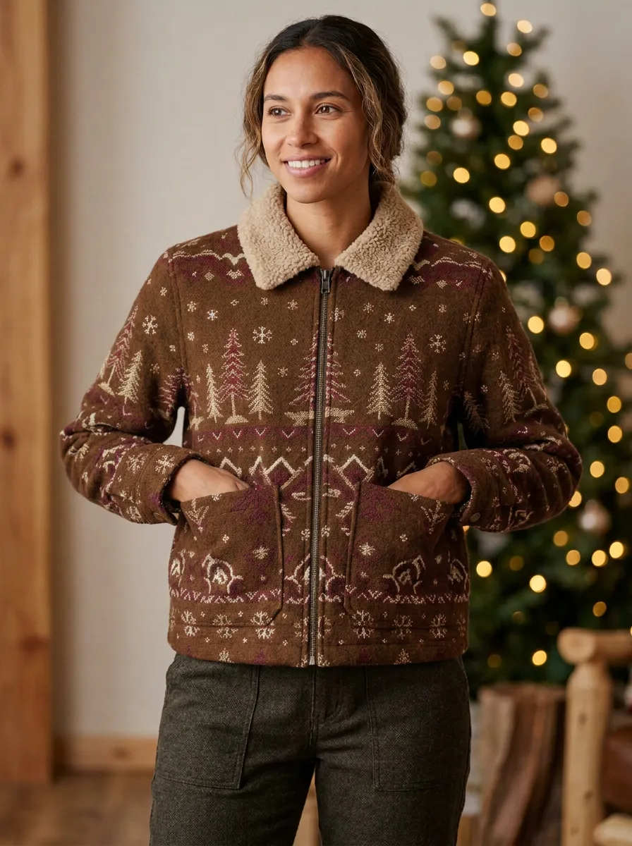 Christmas Holiday Pine Tree Snowflake Print Fleece Jacket