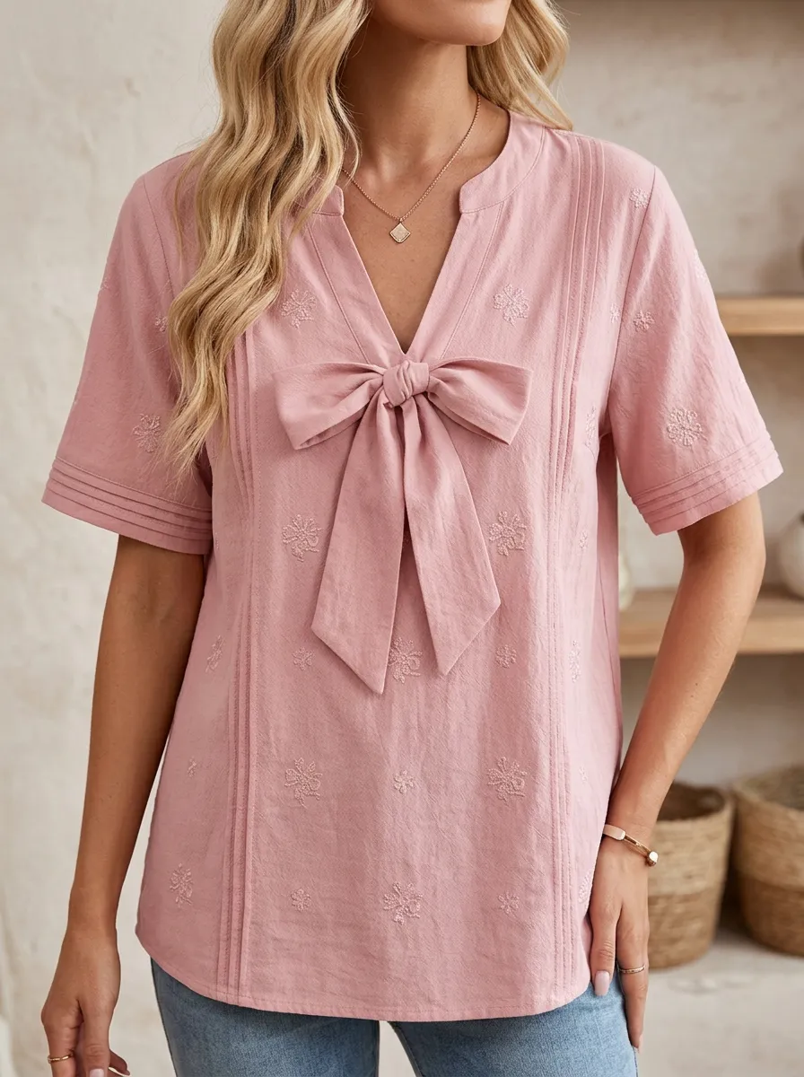 Women's Notched V-neck Bow-detail Floral Embroidered Blouse