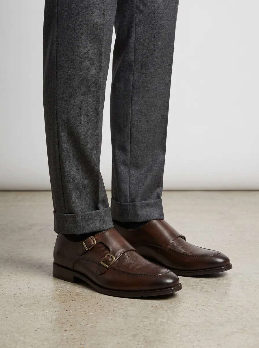 Men's Modern Business Formal Textured Double Monk Strap Leather Shoes
