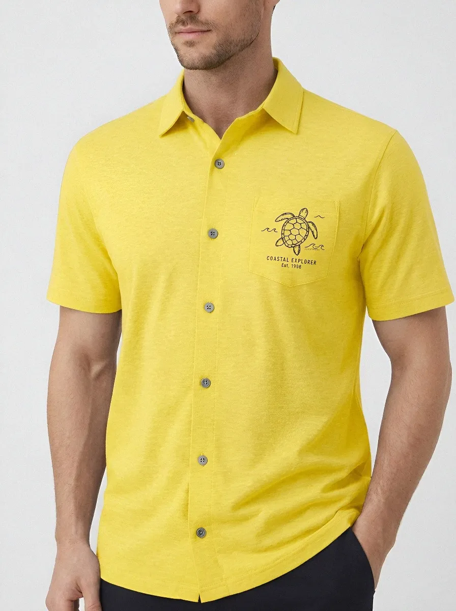 Men's Coastal Explorer Sea Turtle Printed Button-Up Shirt