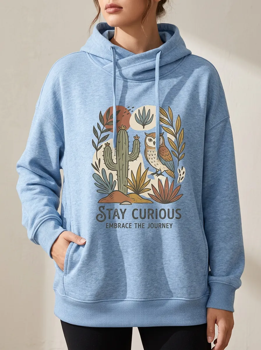 Women's Nature Lover Cactus Owl Stay Curious Printed Hoodie