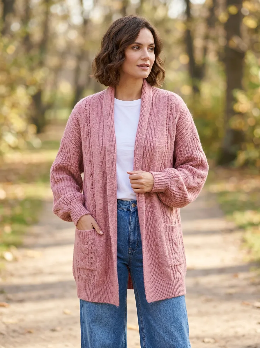 Women's Pink Cable Knit Open Front Cardigan
