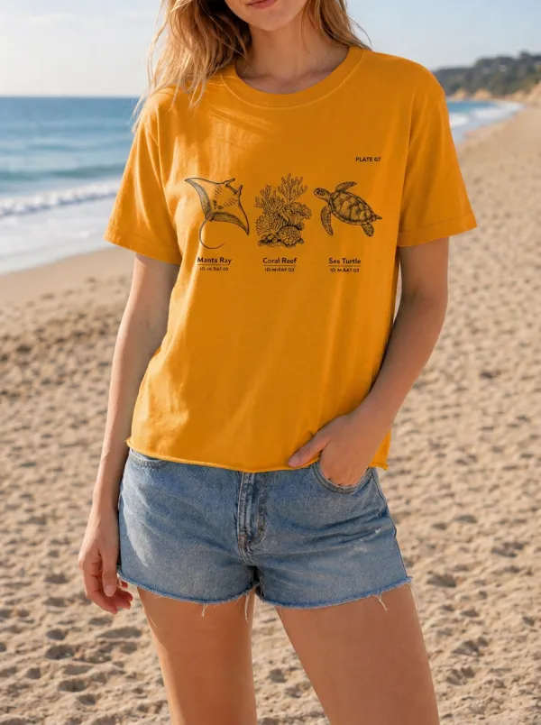 Women's Marine Life Lover Manta Ray Coral Sea Turtle Printed T-shirt
