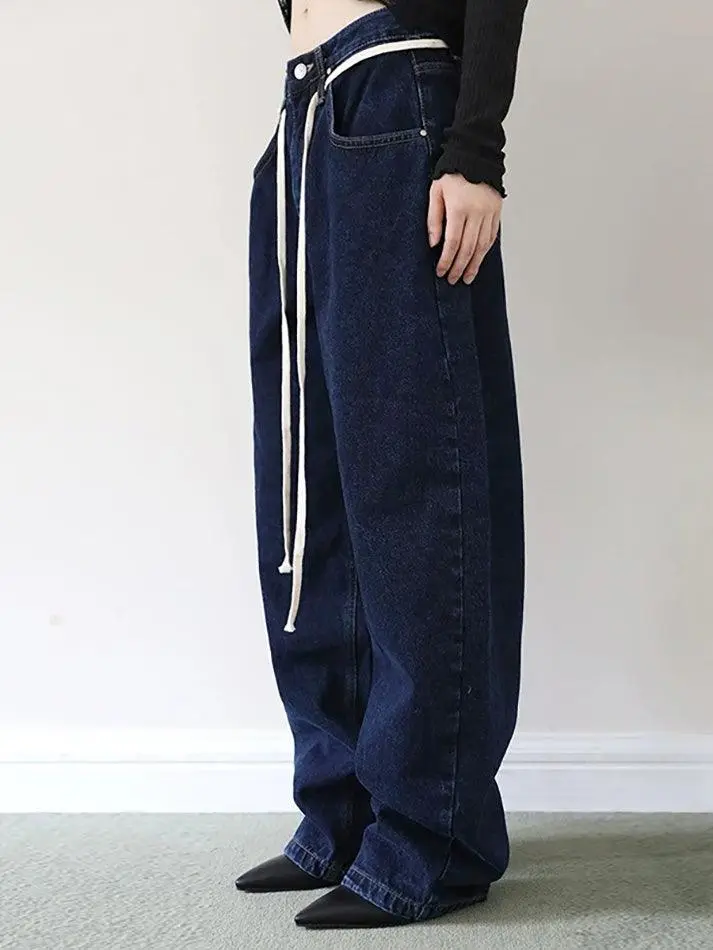 Vintage Solid Tie Loose Straight-Leg Jeans