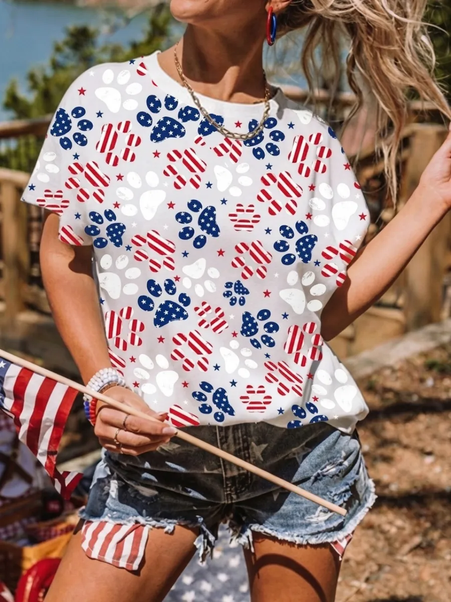 America Pet Paws Flag Print Women's T-Shirt
