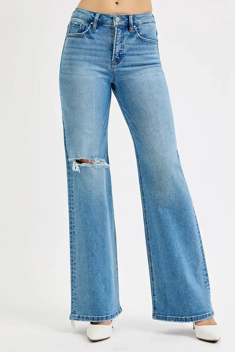 Textured Wide Leg Distressed Denim Jeans