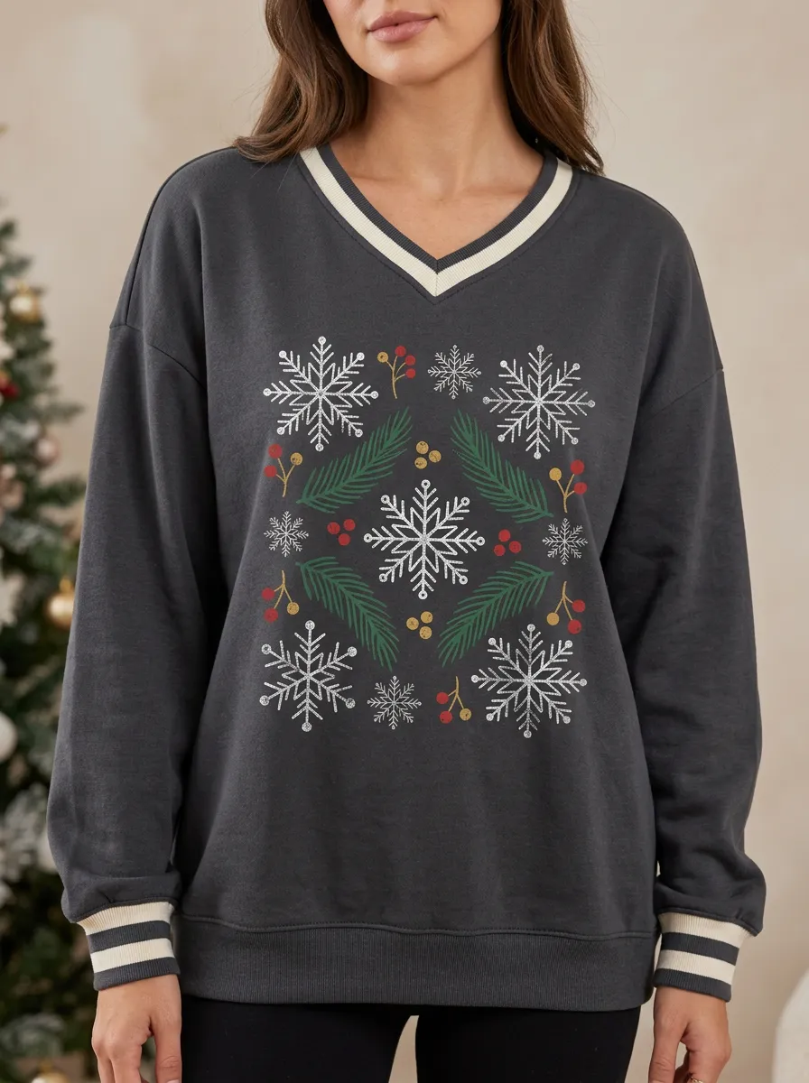 Christmas Snowflake Pine Branch Berry Print V-Neck Sweatshirt