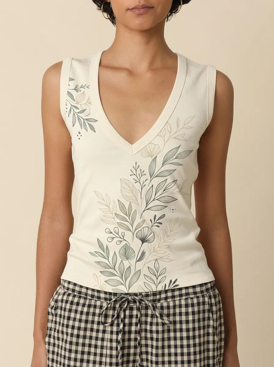 Women's Botanical Nature Lover Floral Printed V-neck Tank Top