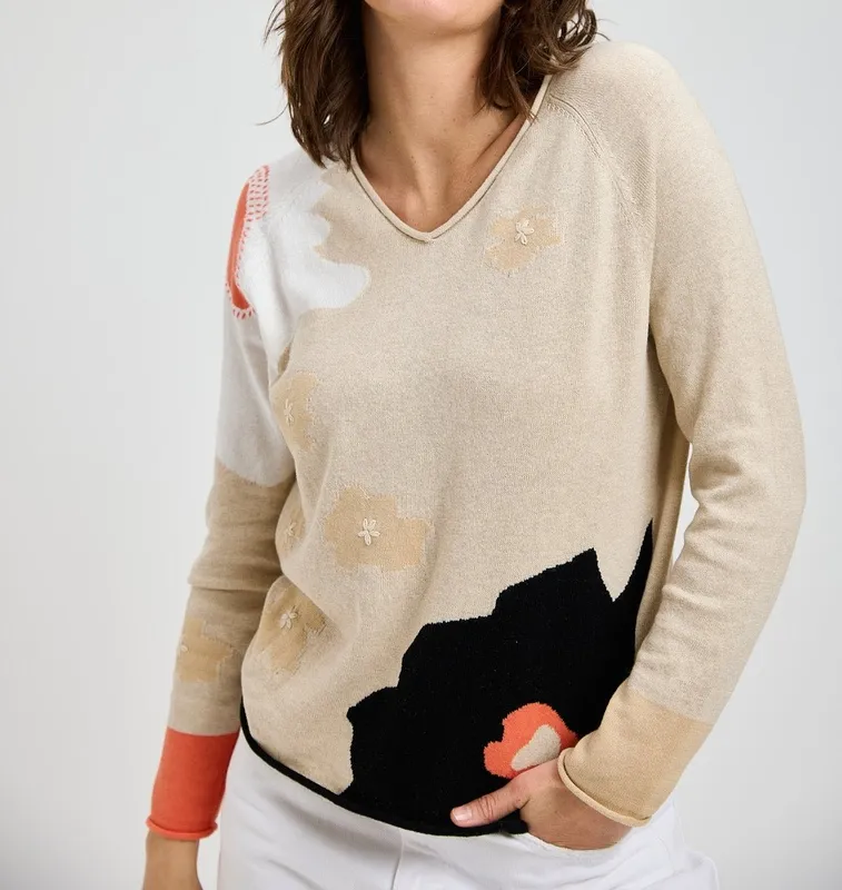Cotton Cashmere Embroidered Floral Sweater