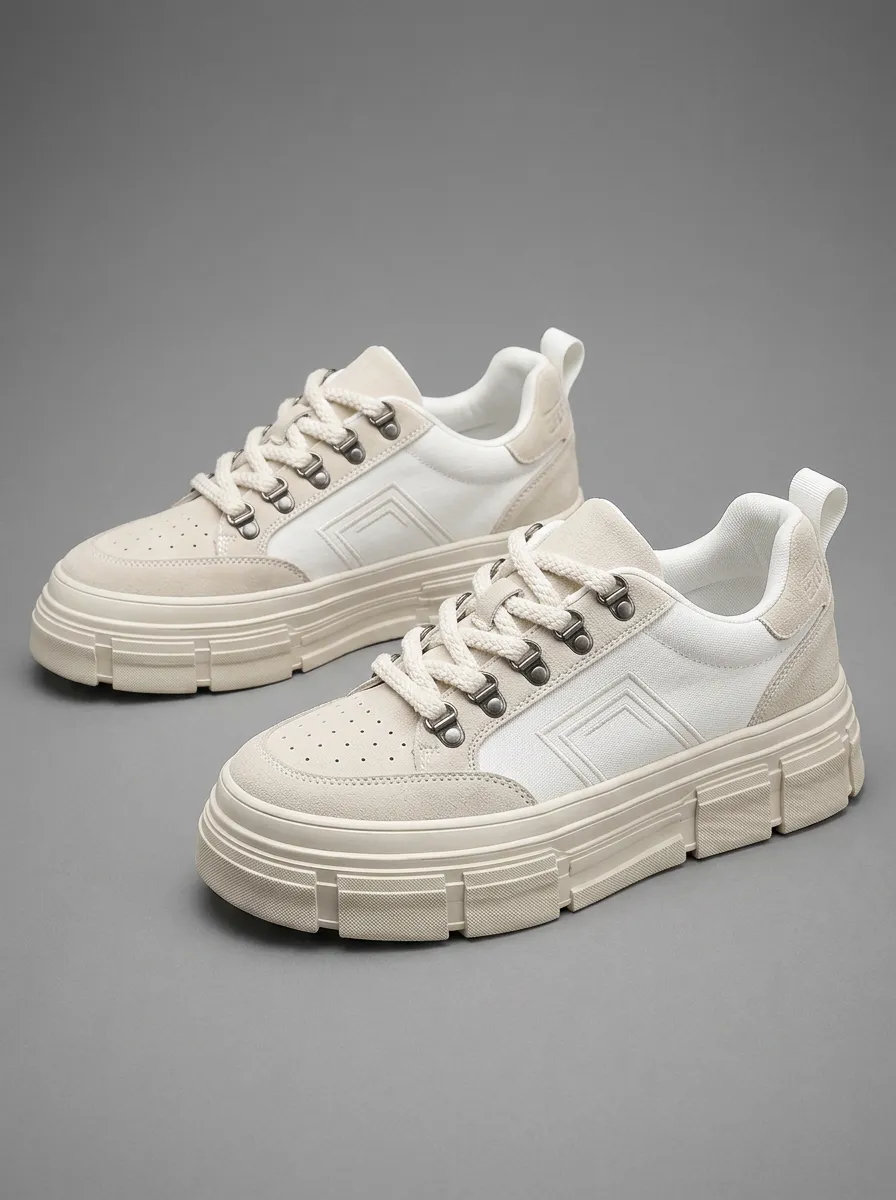 Men's Casual Beige Suede Canvas Chunky Sole Sneakers