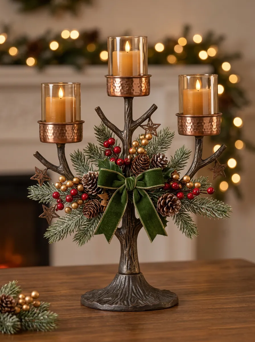 Velvet Bow Pinecone Berry Candle Holder