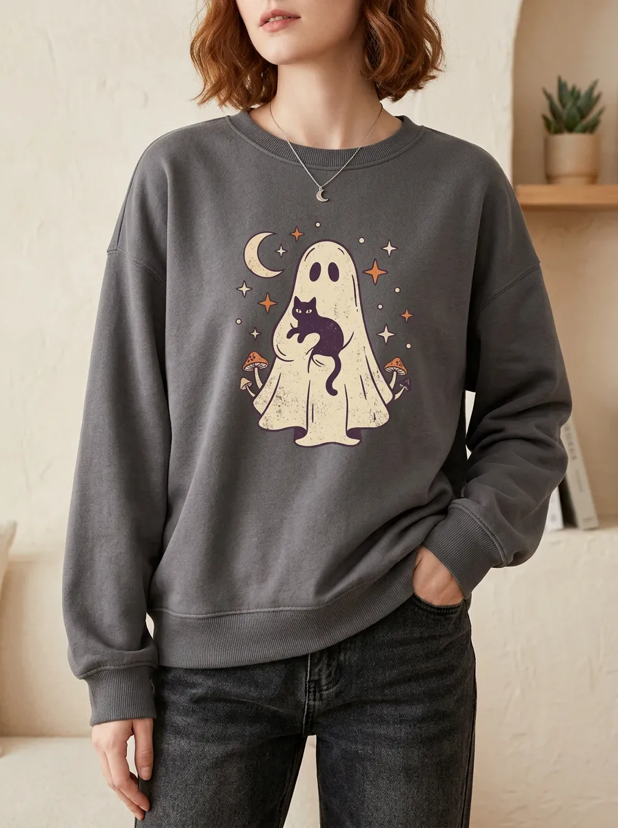 Women's Halloween Ghost Cat Mushroom Printed Sweatshirt