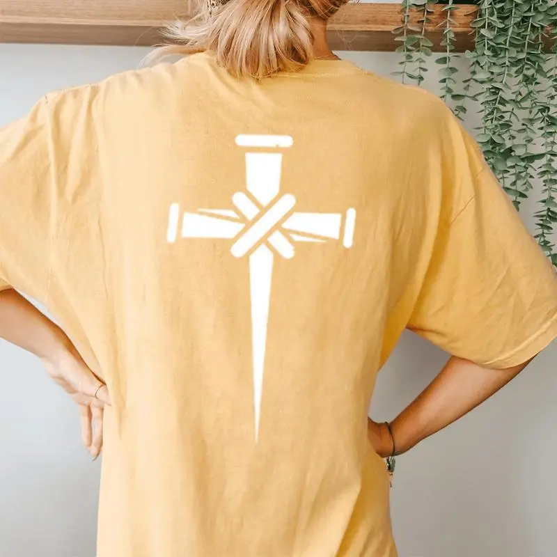 Christian Minimalist Religious Cross Calvary Three Nails Women's Oversized Comfort T-Shirt Back Print