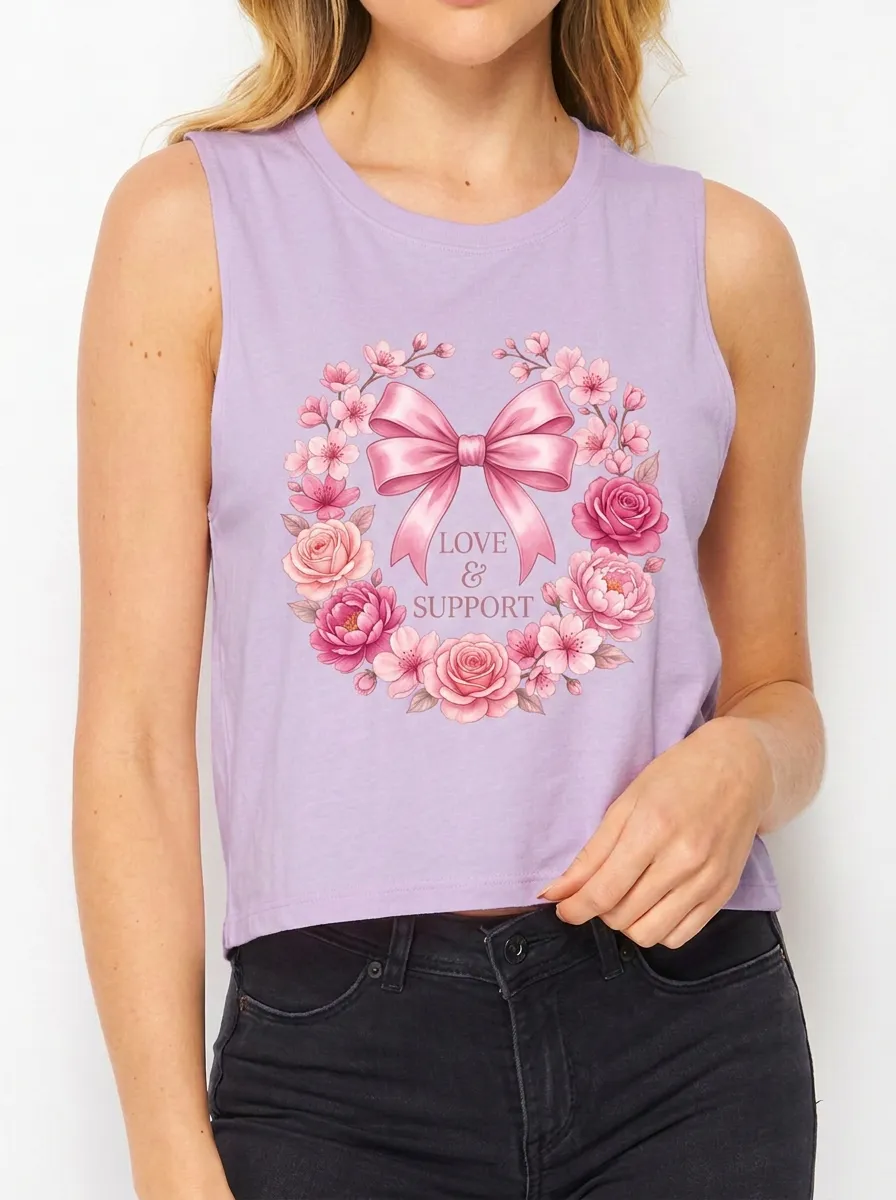 Women's Breast Cancer Awareness Pink Ribbon Floral Wreath Printed Tank Top