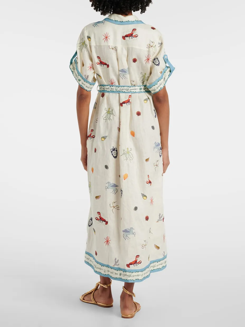 Fresh Ocean Lobster Print Lace Up Midi Dress