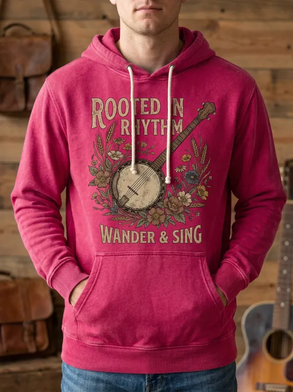 Rustic Country Music Banjo Floral Pullover Hoodie