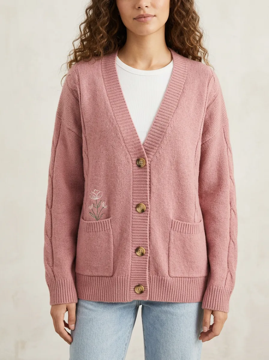 Women's Floral Lover Pink Embroidered V-Neck Casual Cardigan
