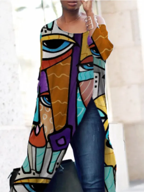 Half Sleeve Relaxed Contrast Print Side Slit Round Neck T-Shirt