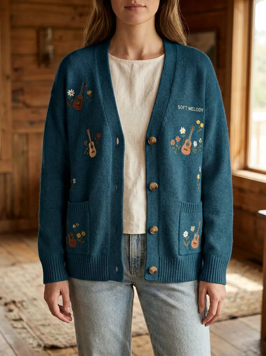 Guitar Embroidered Women's Country Music Casual Cardigan