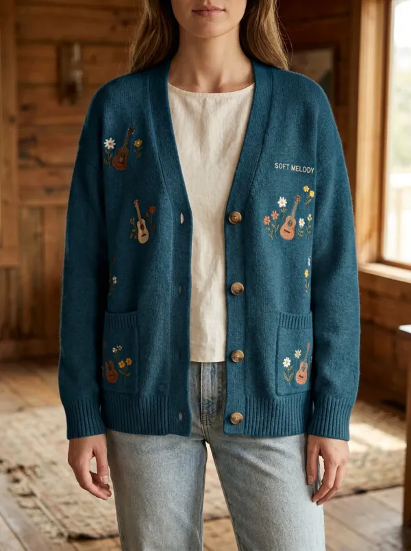 Guitar Embroidered Women's Country Music Casual Cardigan
