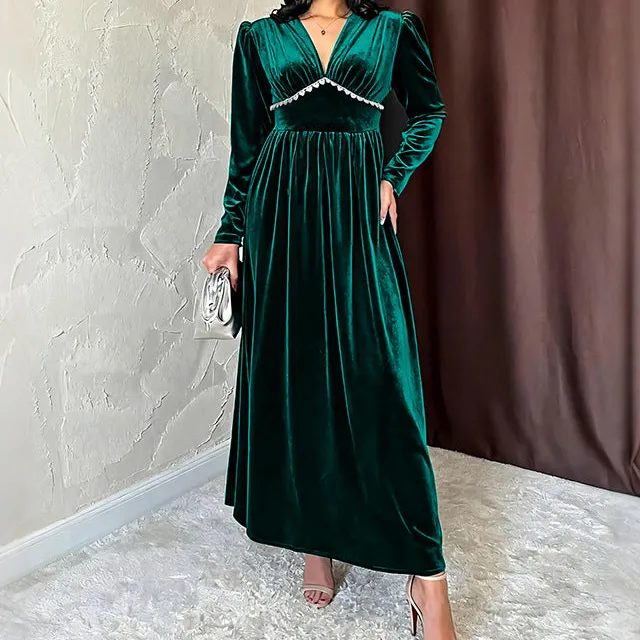 Women's V-Neck Long-Sleeve Velvet Ruffled Maxi Dress