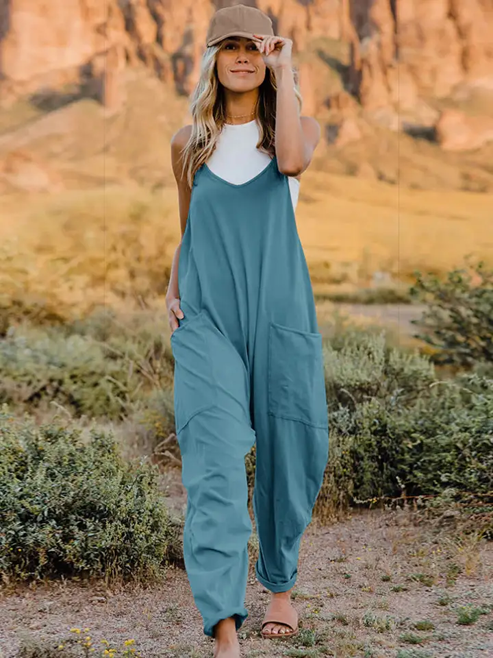 V Neck Sleeveless Pocket Jumpsuit