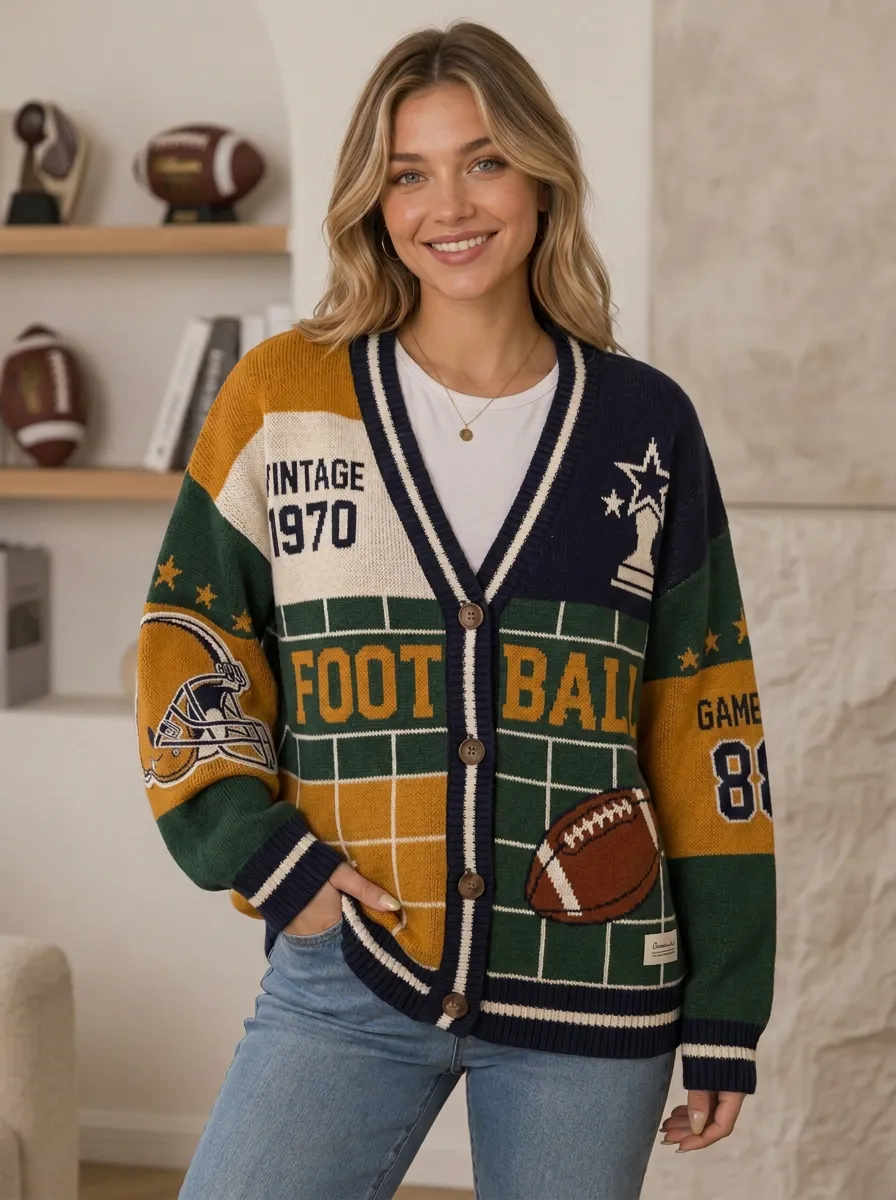Women's Gridiron Helmet Ball Vintage Knit Cardigan