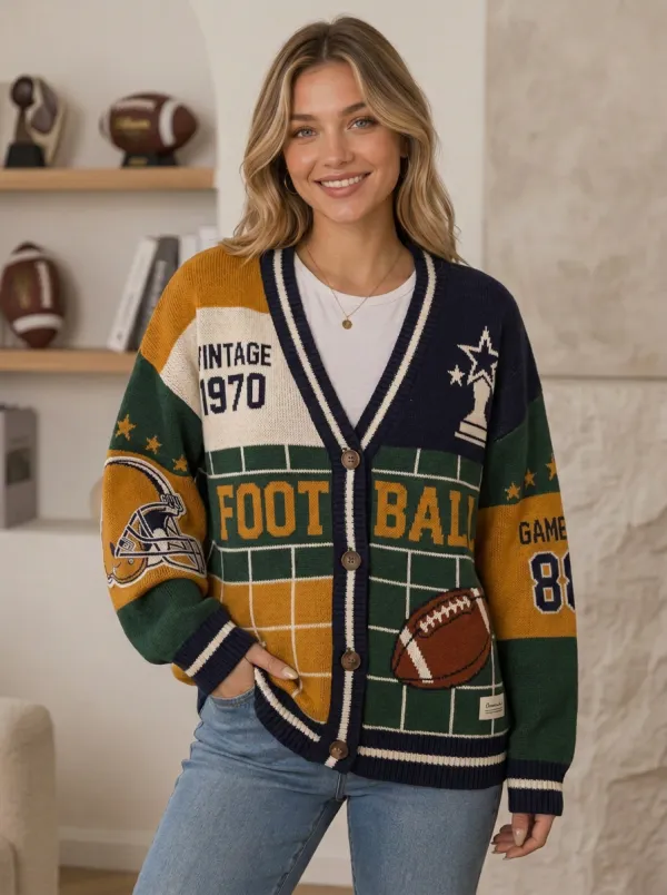 Women's Gridiron Helmet Ball Vintage Knit Cardigan
