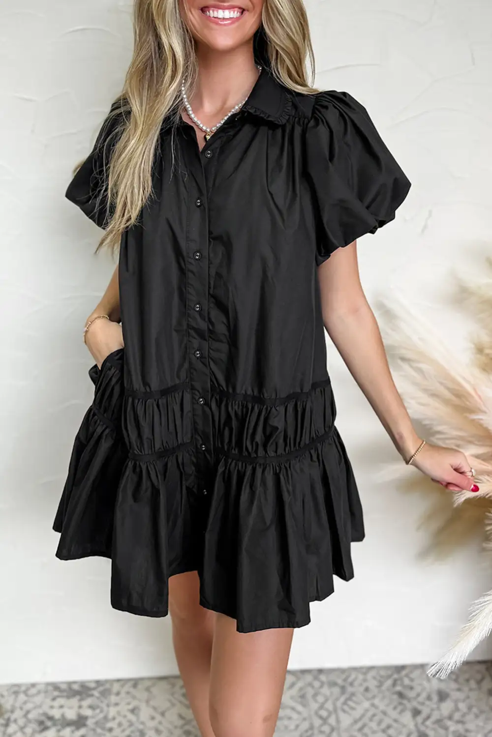 Ruffle Trim Button Front Puff Sleeve Mini Dress