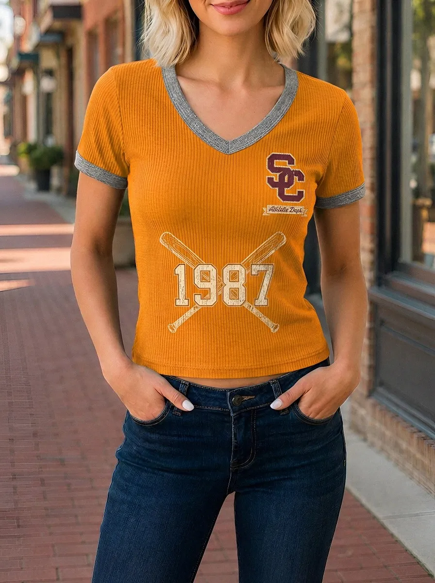 Women's Baseball Lover 1987 Crossed Bats Printed V-neck T-shirt