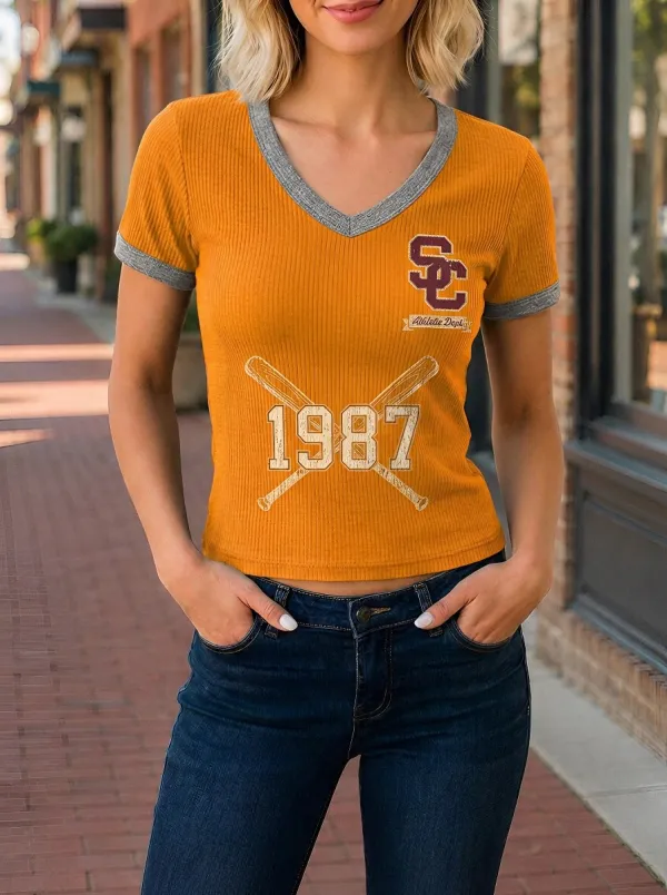 Women's Baseball Lover 1987 Crossed Bats Printed V-neck T-shirt