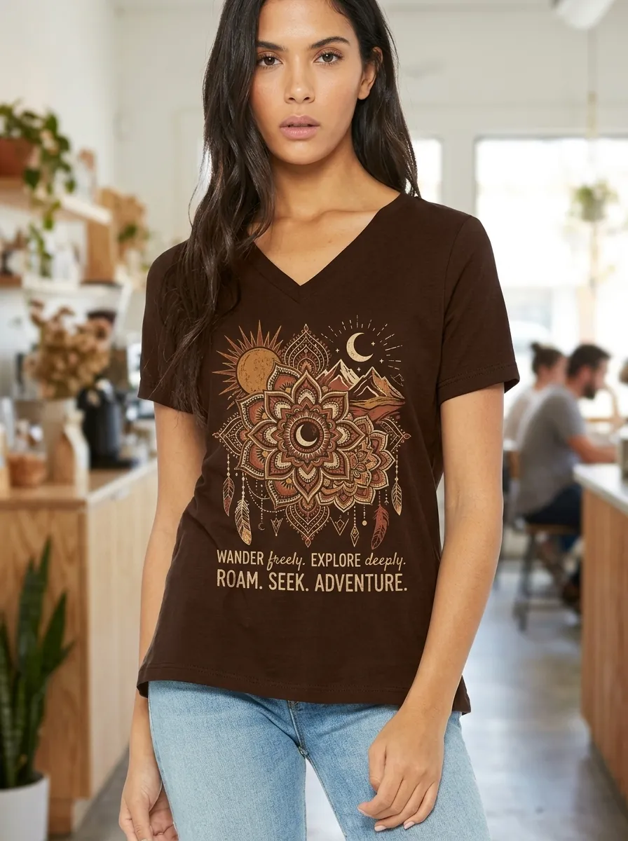 Women's Adventure Lover Mandala Mountain Printed V-Neck T-Shirt