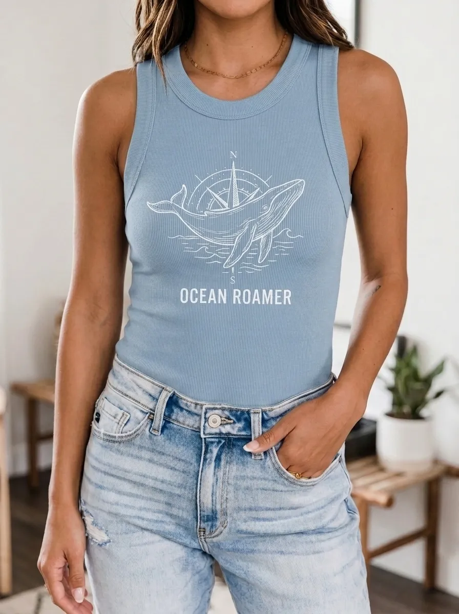 Women's Ocean Lover Compass Whale Printed Ribbed Tank Top