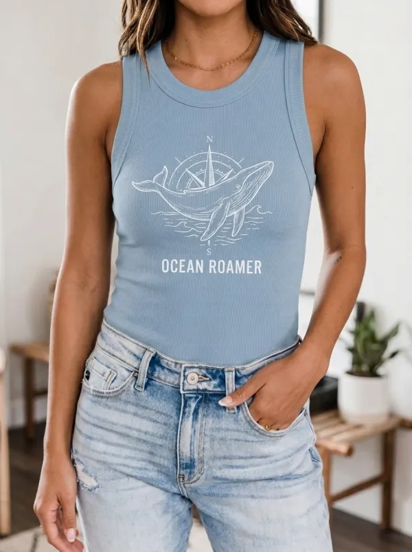 Women's Ocean Lover Compass Whale Printed Ribbed Tank Top