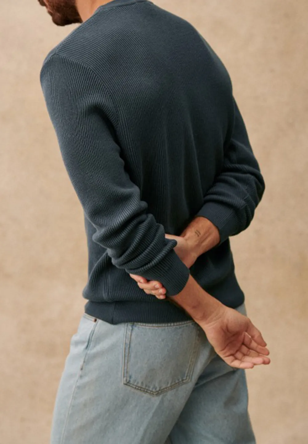 Steel Blue Ribbed Knit Crew Neck Sweater