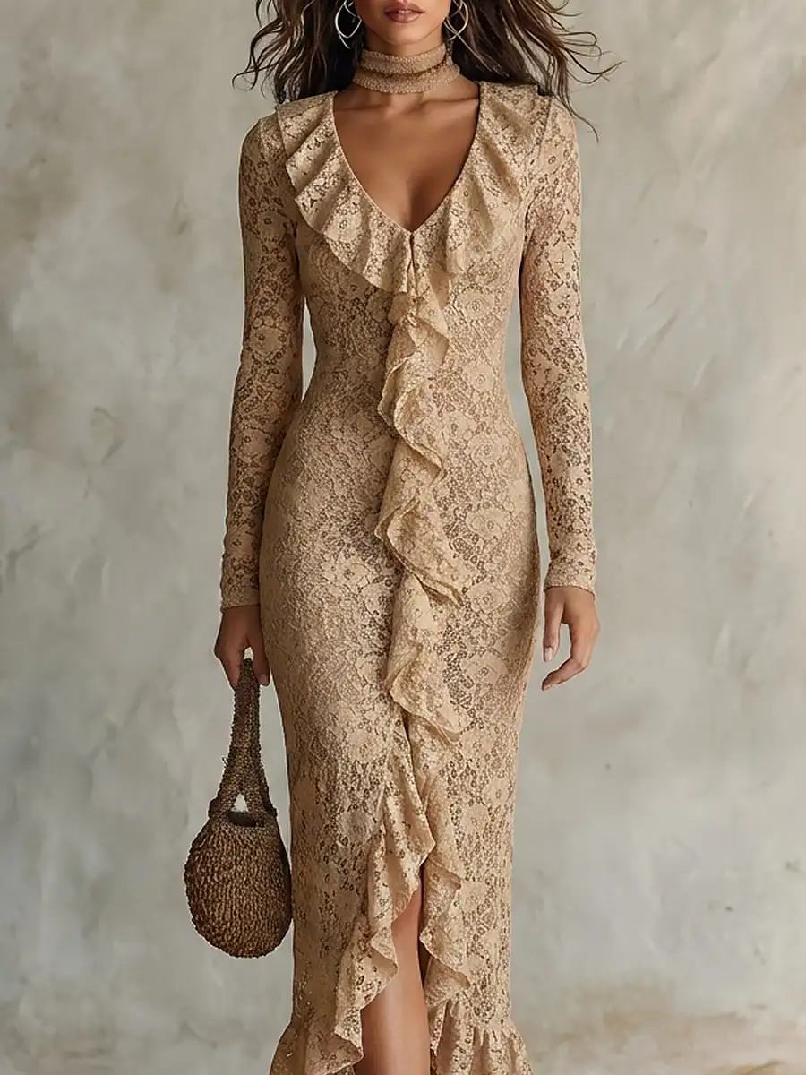 Romantic Beige Lace Ruffle-Trim Long-Sleeve Maxi Dress