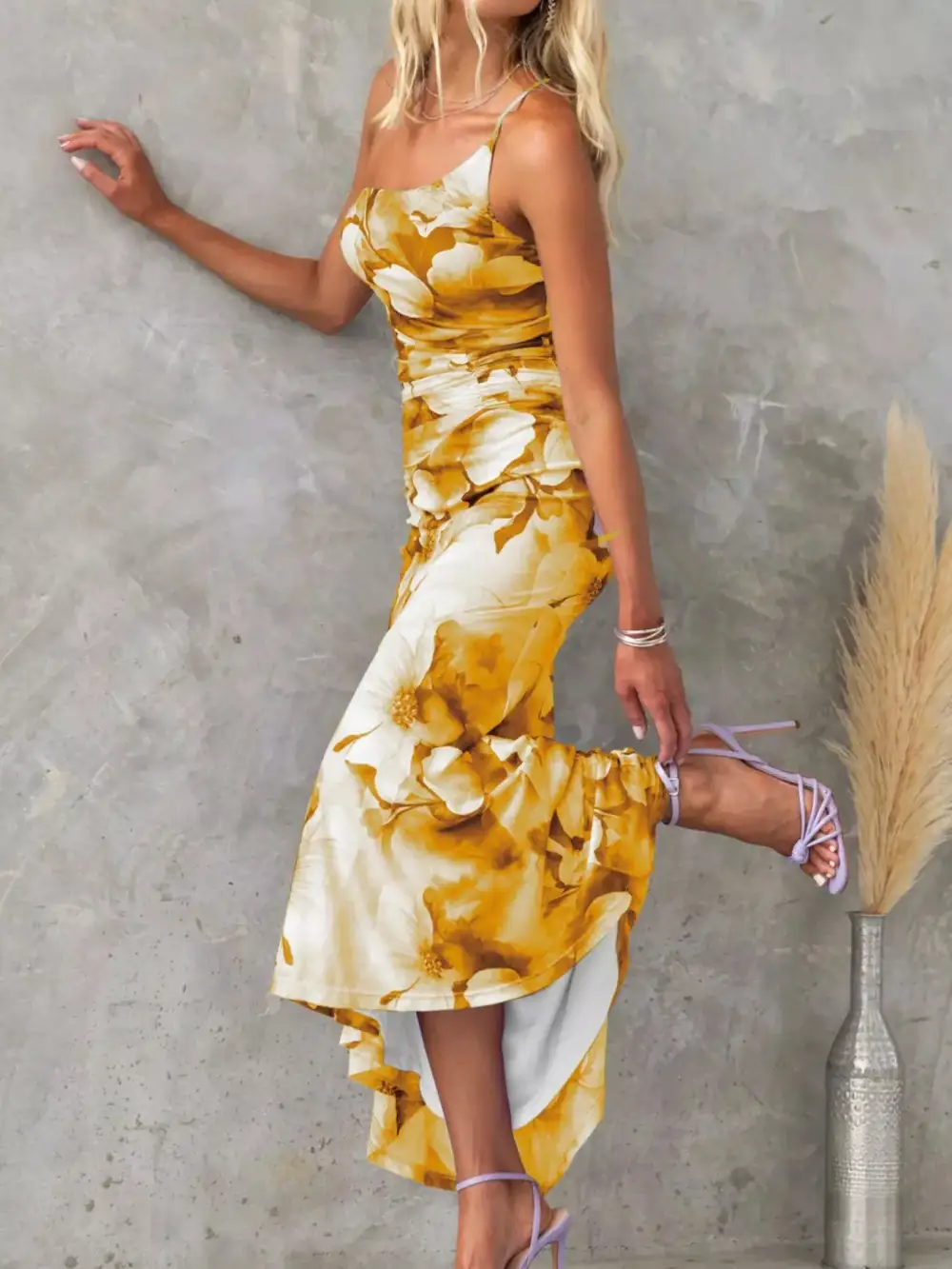 Ruched One-Shoulder Floral Maxi Dress