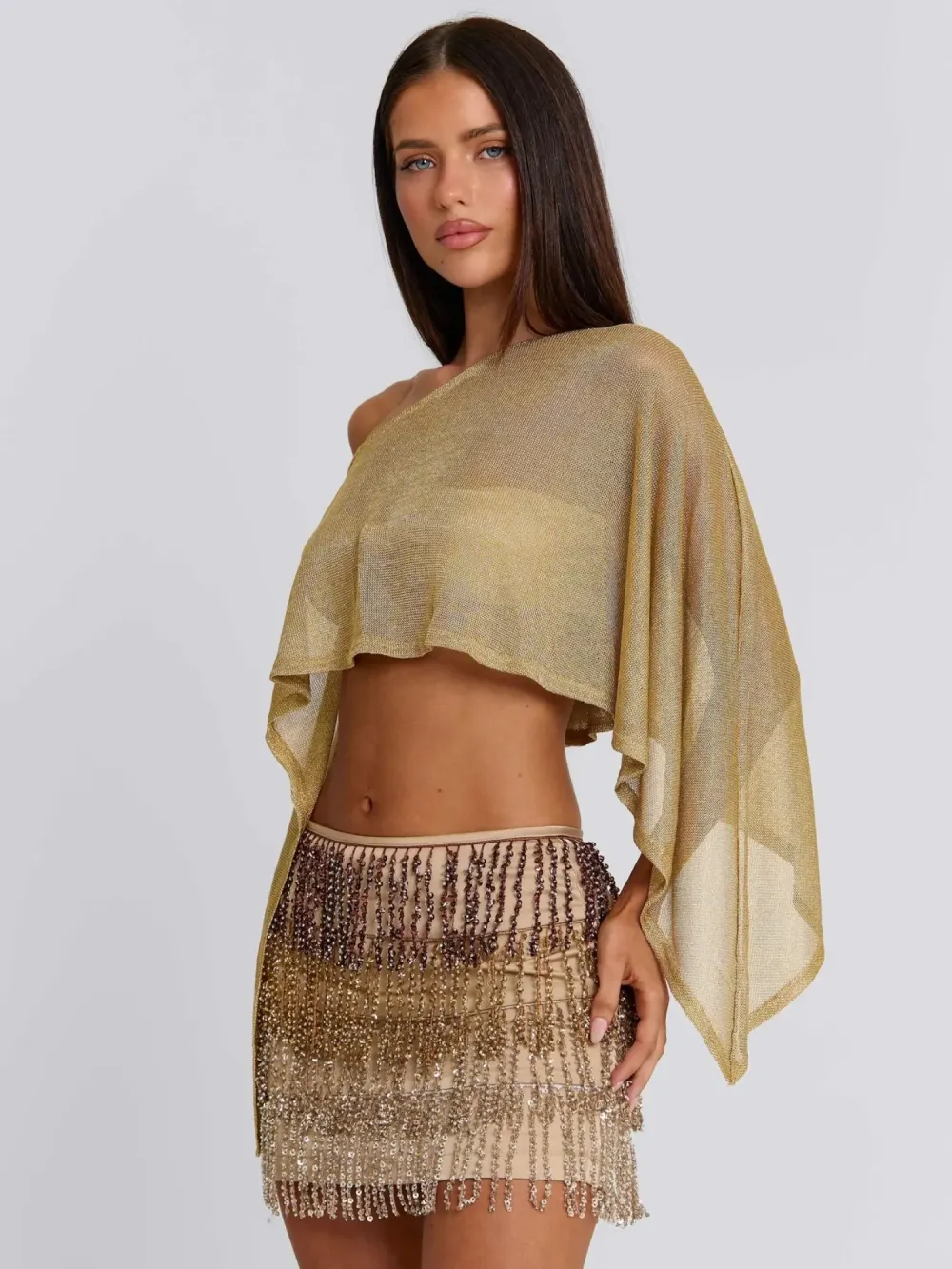 Zaria Gold Metallic Knit Fringe Two Piece Set