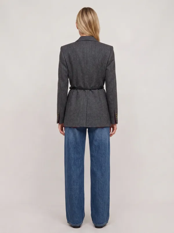 Women's Herringbone Pattern Black Lapel Belted Blazer Jacket