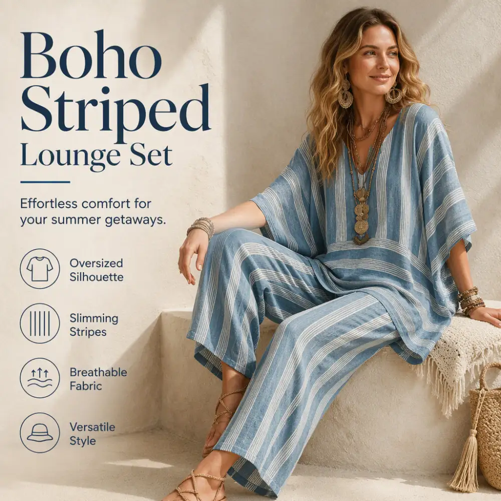 🌸Women's Loose V-Neck Striped 2-Piece Casual Set – Relaxed Oversized Fit & Effortless Style 🌿