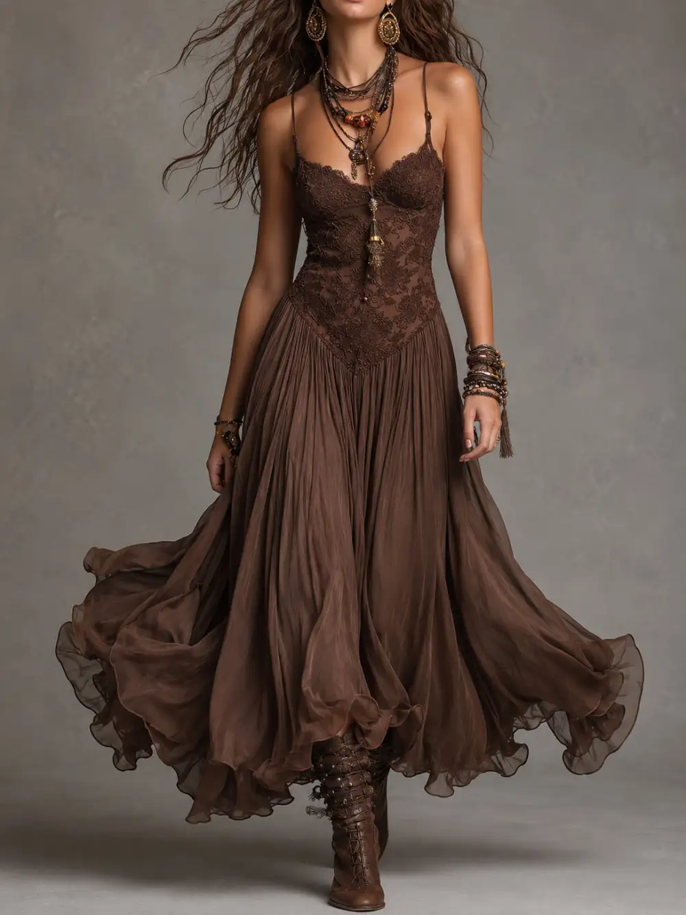 Dark Brown Lace And Chiffon Corset Maxi Dress
