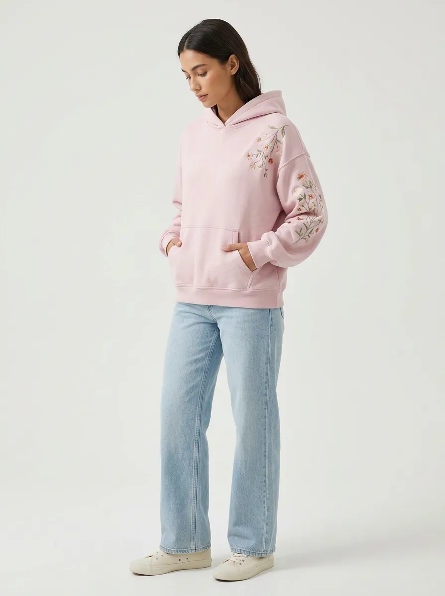 Women's Floral Lover Pink Aesthetic Embroidered Printed Hoodie