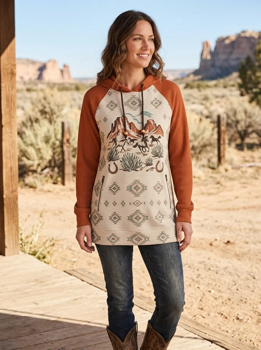 Women's Western Cowboy Horse Desert Printed Hoodie
