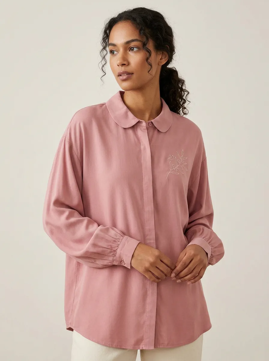 Women's Minimalist Botanical Olive Branch Printed Pink Shirt