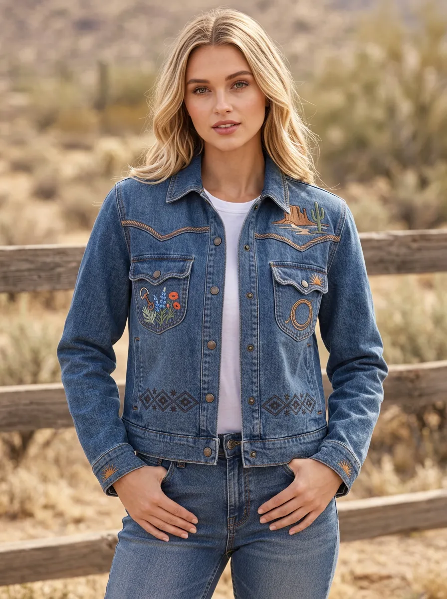 Women's Western Cactus Desert Floral Embroidery Floral Embroidered Denim Jacket