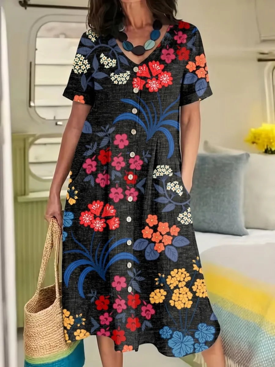 Women's Cotton And Linen Floral Printed Dress